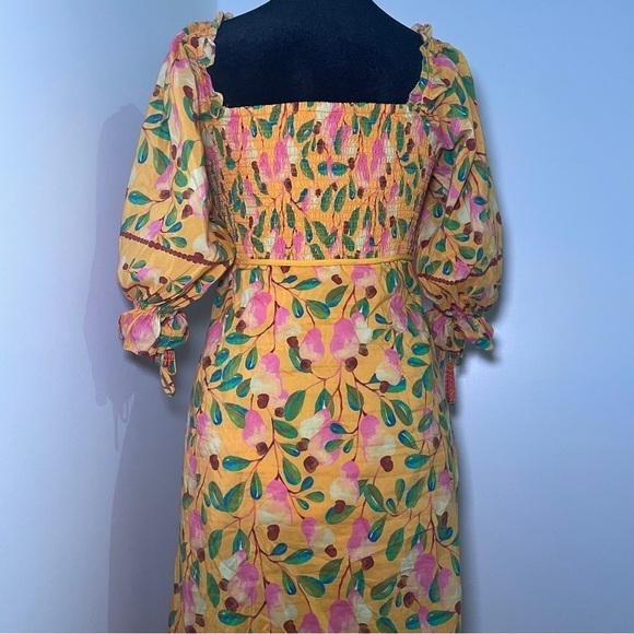 Farm Rio- Yellow Orange Mini Cashew Short Sleeve Smocked Midi Dress Size Medium - Picture 12 of 15